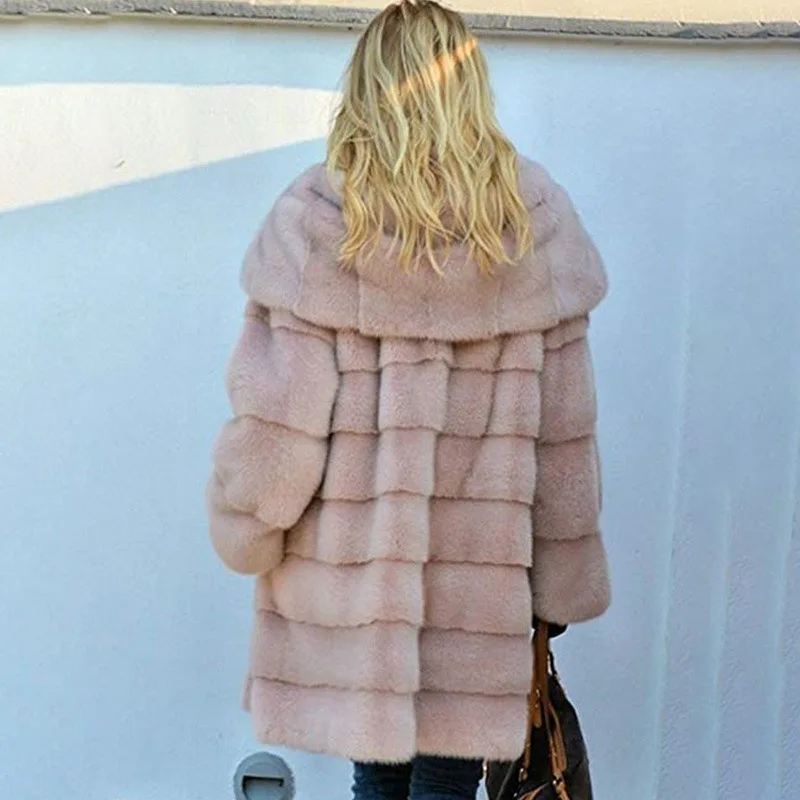 Hooded Pink Long Faux Fur Jackets Solid Women’s Luxury Furry Jackets Stripe Fluffy Casual Loose Faux Mink Plush Coats Warm Thick