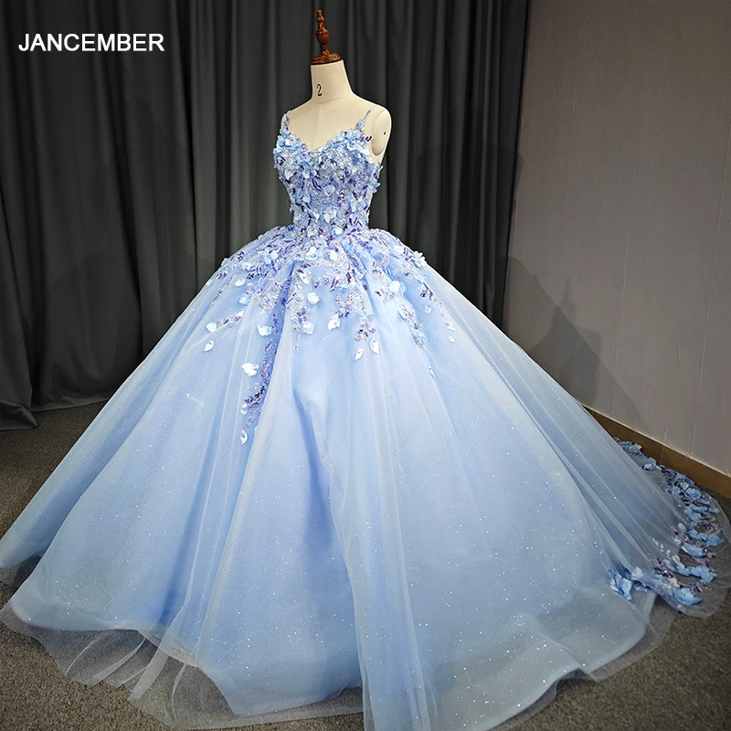 

Jancember Customization Изысканные синие платья Quinceanera с блестками Бальное платье с v-образным вырезом и аппликациями из бисера فساتين Quinceanera DY5682