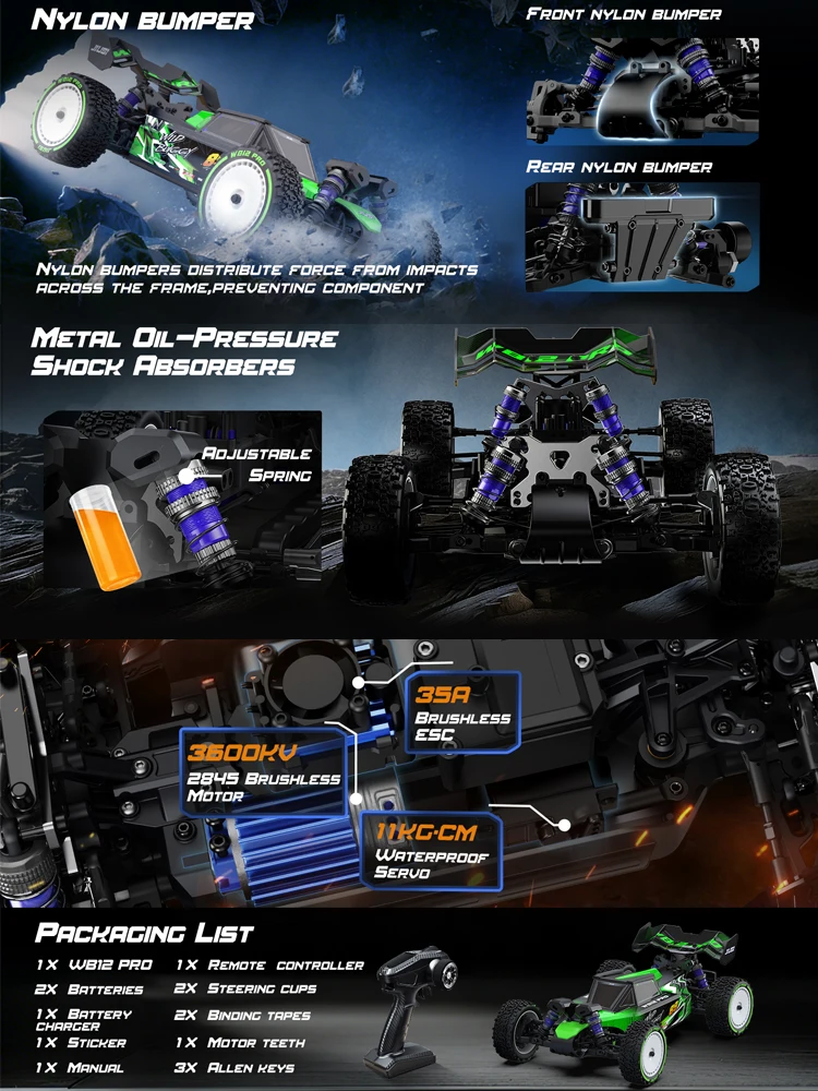 NIEUWE JIUSI 1:12 WB12 PRO 80km/u RC Auto 2.4G 4WD 3S 35A 3600KV Borstelloze Motor Hoge Snelheid Metalen Off-Road All Terrain Voertuig Raceauto RC model Speelgoed voor Volwassenen en Kinderen, - afbeelding 2