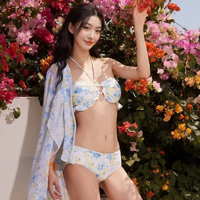 French Style 3 Piece Bikini Set Women Halter Neck Push Up Padding High Waisted  Beach Cover Up for Resort Hot Spring Vacation