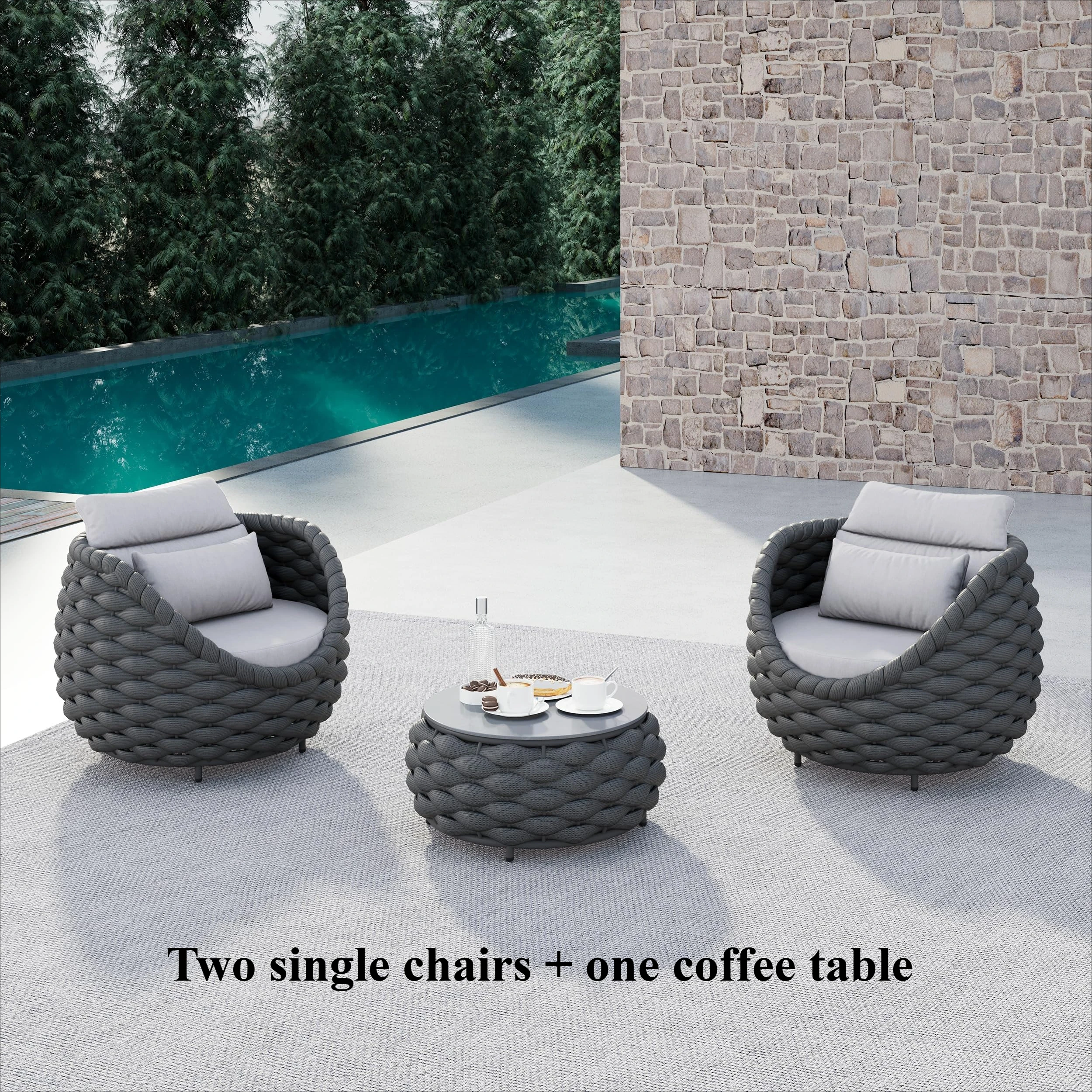 Tuinstoelenset van geweven touw, aluminium tuinmeubilair, 2-delige set met kussens, fauteuil en tafel, geschikt voor balkon, tuin, veranda, zwembadterras