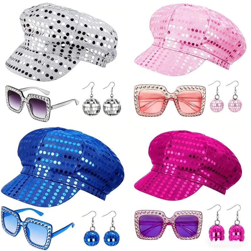 Disco Party Performance Set Sequin Cowboy Hat Fashion Glasses Earrings Outfit Accessory Stage Costume Kit