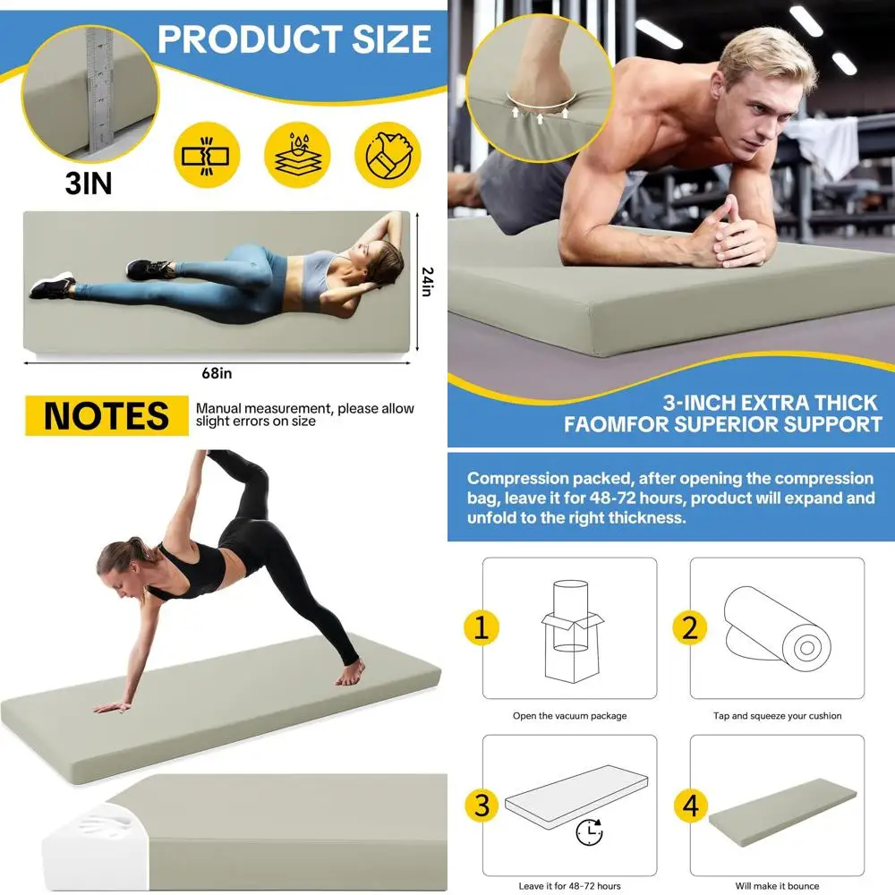 سجادة يوجا سميكة من جلد البولي يوريثان مقاس 68 × 24، 3 رغوة عالية الكثافة للياقة البدنية والبيلاتيس والتمدد