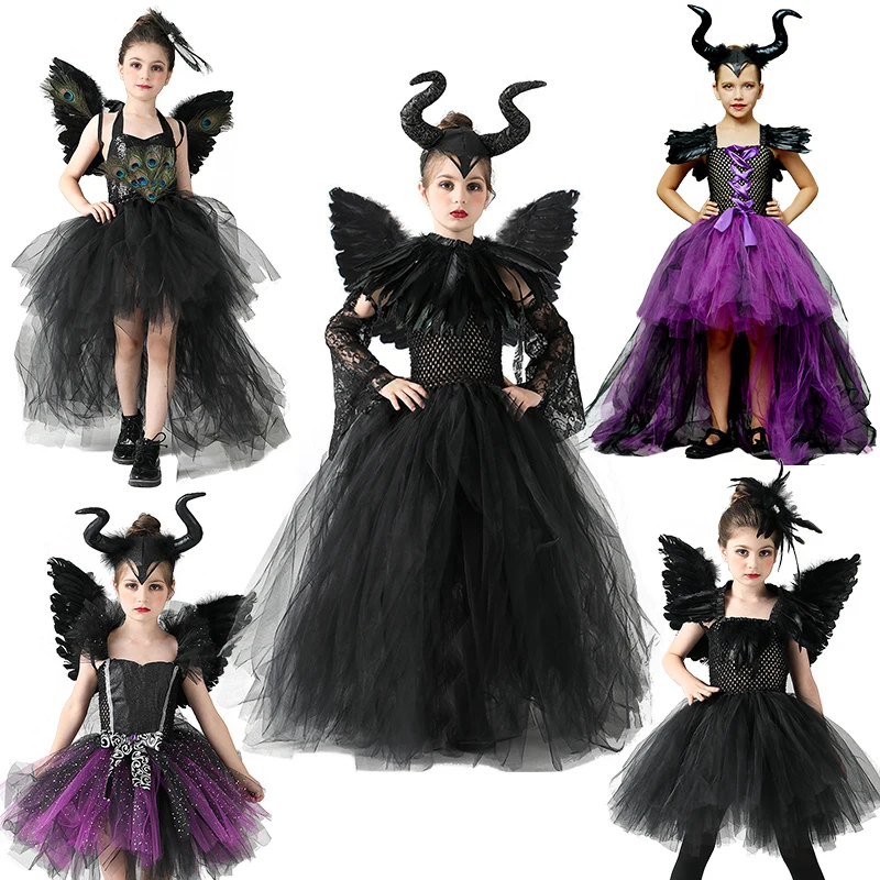 2024 Halloween Cosplay Girl Evil Demon Witch Dress Carnival Children Role Play Stage Performance Masquerade Maleficent Costume