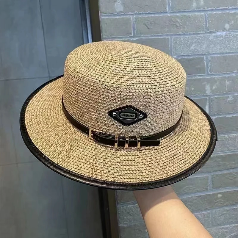 Trendy Luxury Designer Belt Buckle Flat Top Hat Summer Ladies Travel Sunshade Big Brim Straw Hats Retro Women Casual Bucket Cap