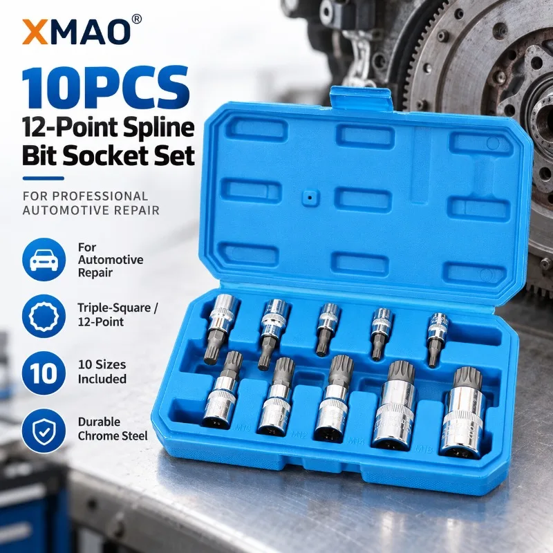 XMAO 10PCS 12-Point Spline Bit Socket Set M4-M18, 1/4 3/8 1/2in Drive Chrome Steel Flywheel Automotive Repair Tool Kit Set