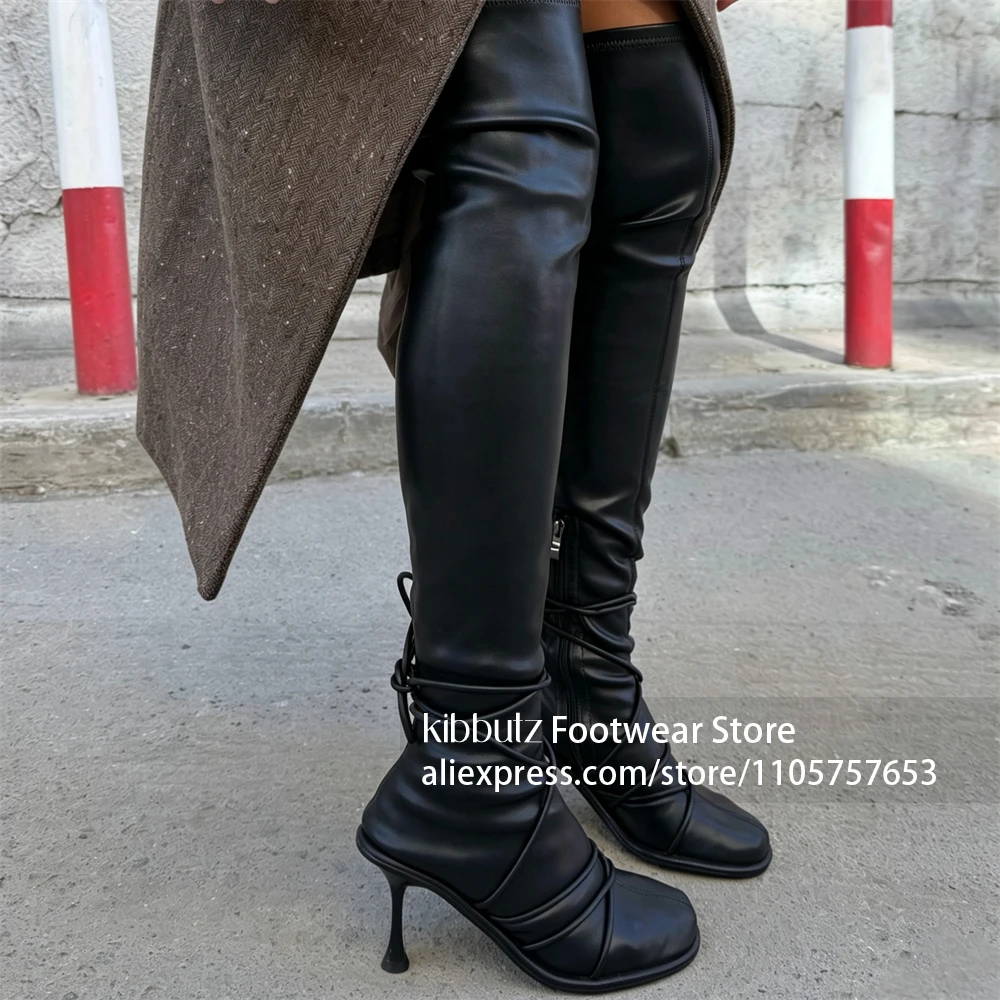 Lace Up Straps Heel Thigh Boots Inner Side Zipper Boot Ruched Slouchy Shaft Boot Street Fashion Soft Smooth Upper Round Toe Boot