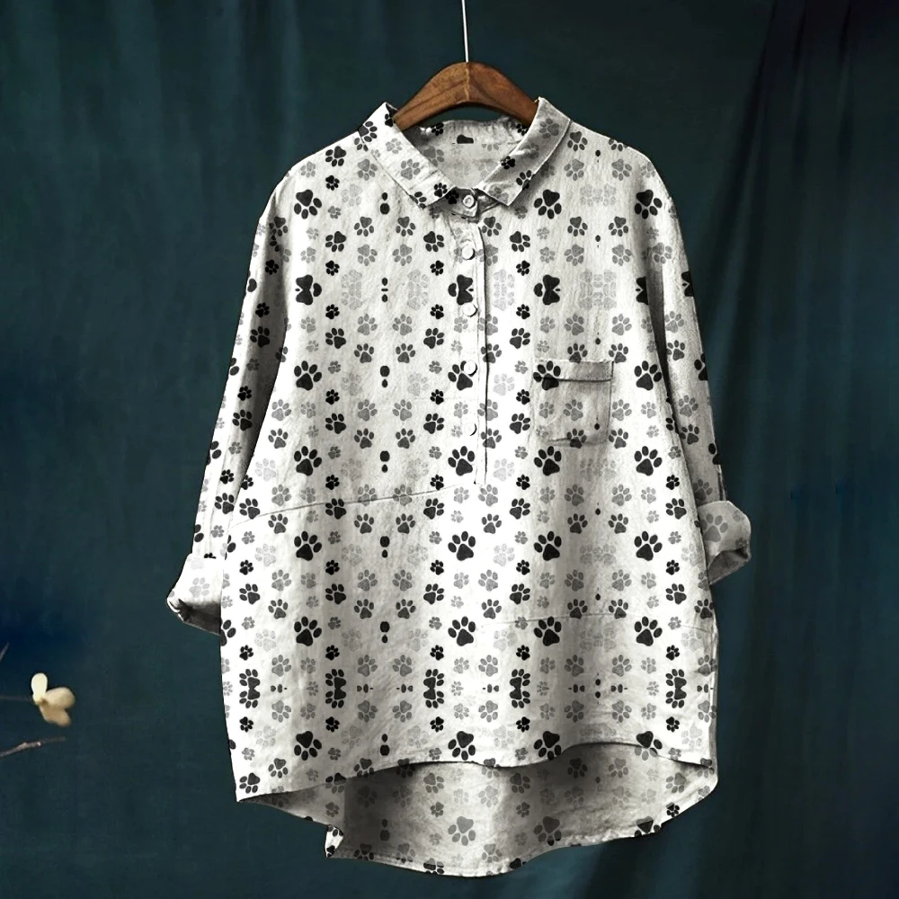 

Women's Lapel Shirt, Cute Cartoon Kitten Puppy Paw Print, Long Sleeve Trend, Designer Clothes, New Traf Blouse