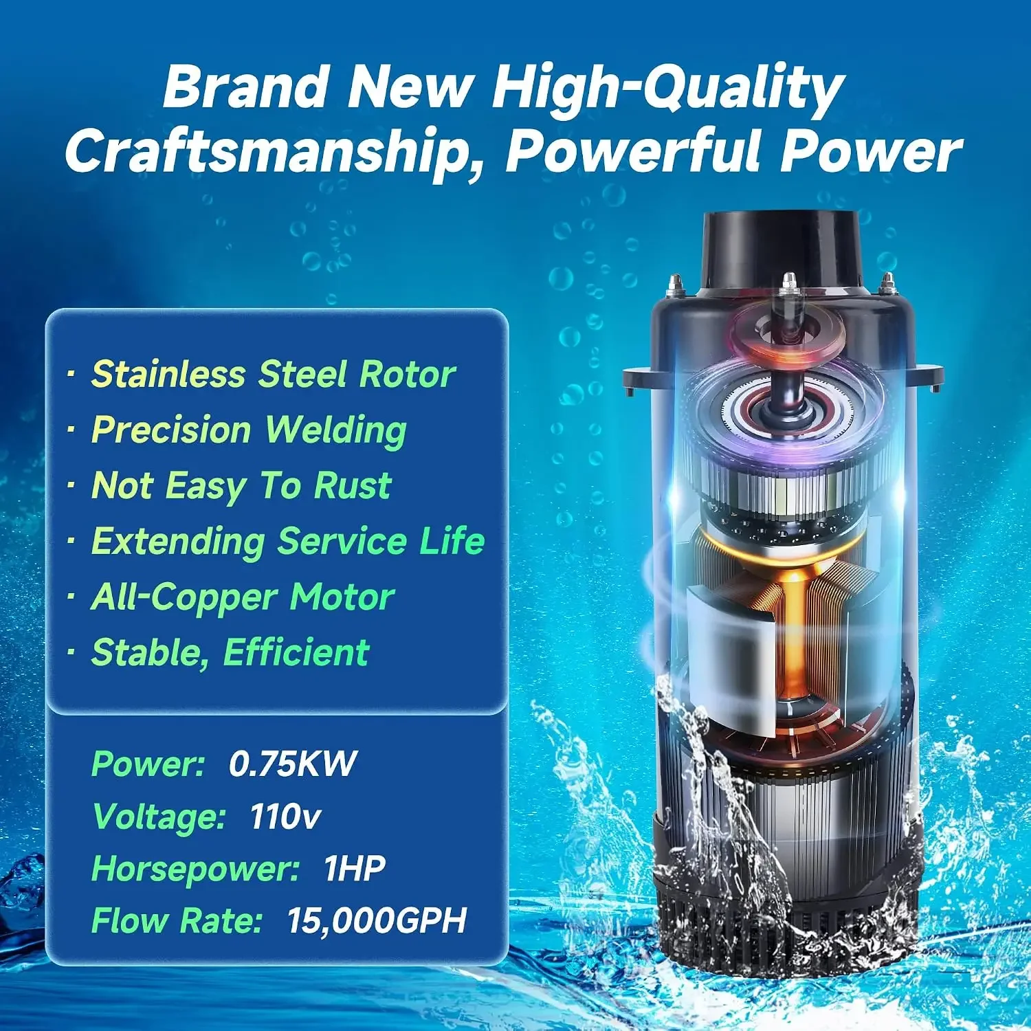 USA StockPond Fountain Aerator, 15000 GPH 110V 1HP Fountain Pump, Fully Automatic Powerful Lake Floating Fountain, 100 FT Power