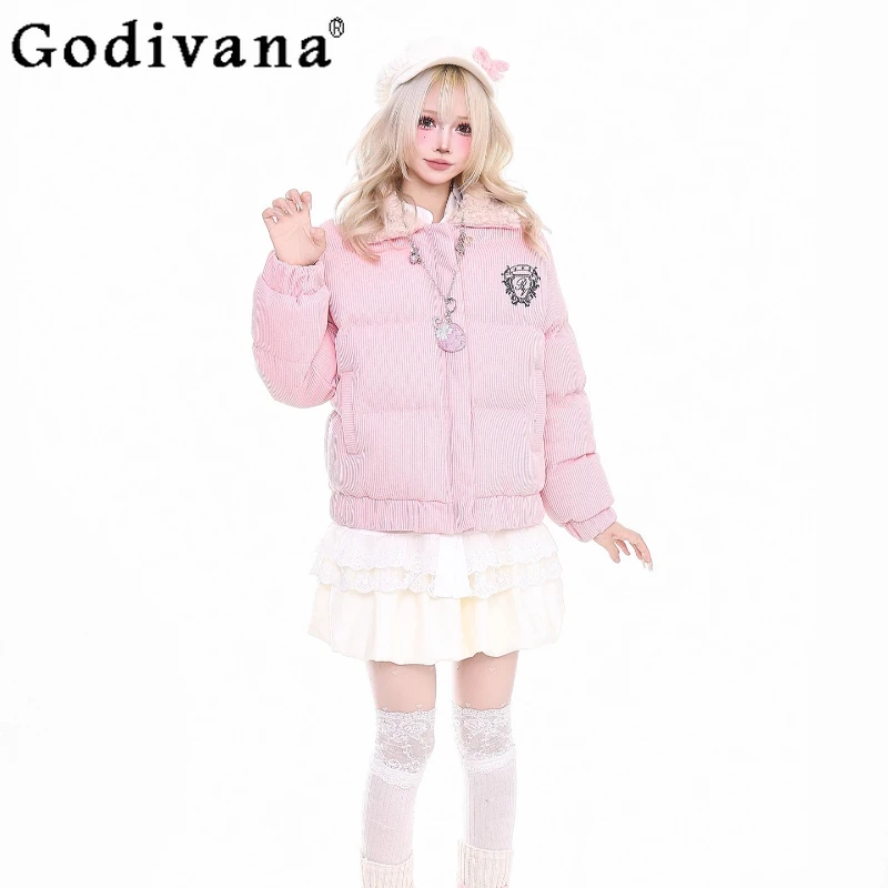 سترة نسائية منتفخة سميكة متعددة الاستخدامات بياقة صوف خروف عتيقة سترة قطنية شتوية غير رسمية يابانية