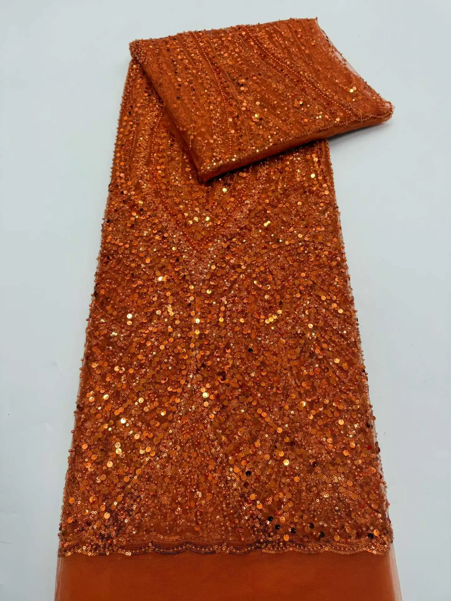 Brown African Beaded Mesh Lace Fabric Embroidery Sequins French Tulle Lace for Nigerian Wedding Party Dress 5 Yards SZ2703 image 3