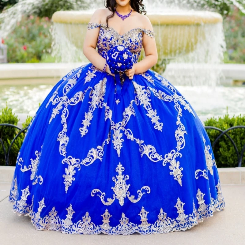 Royal Blue Glitter Quinceanera Dresses Off Shoulder Ball Gown Sweet 16 Dress Applique Lace Beads Tull Party Birthday Vestidos 15