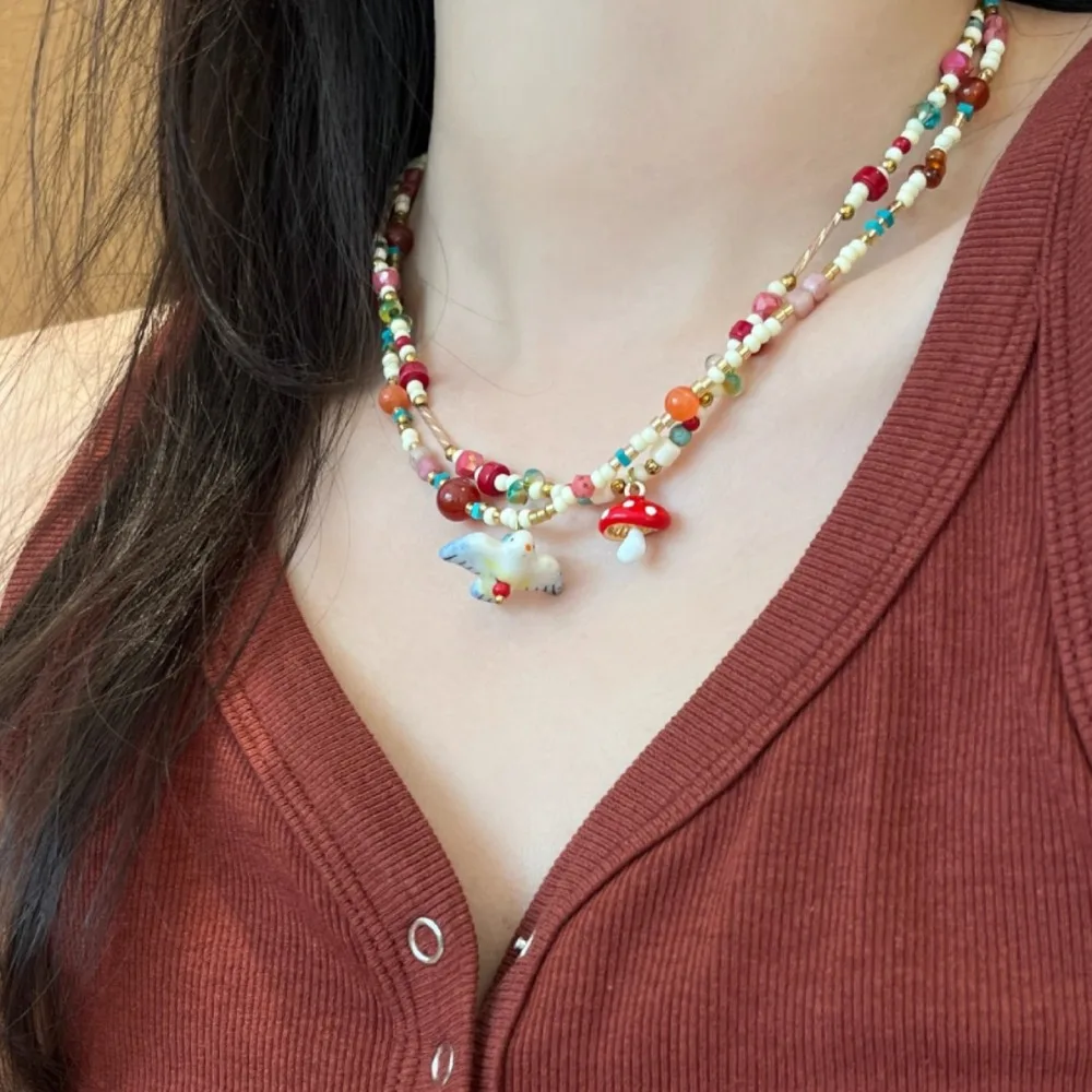 

Ethnic Style Colorful Stone Choker Necklace Neck Jewelry Aesthetic Mushroom Collarbone Chain Resin Beads String