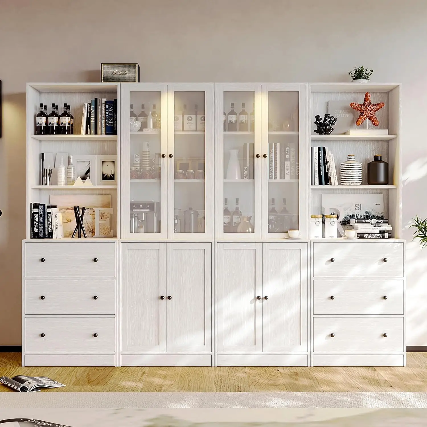 3 Large Drawer, Wood Filing Cabinet with Open Storage Shelf, Glass Doors and Fixed Storage Shelves for Home Office, White