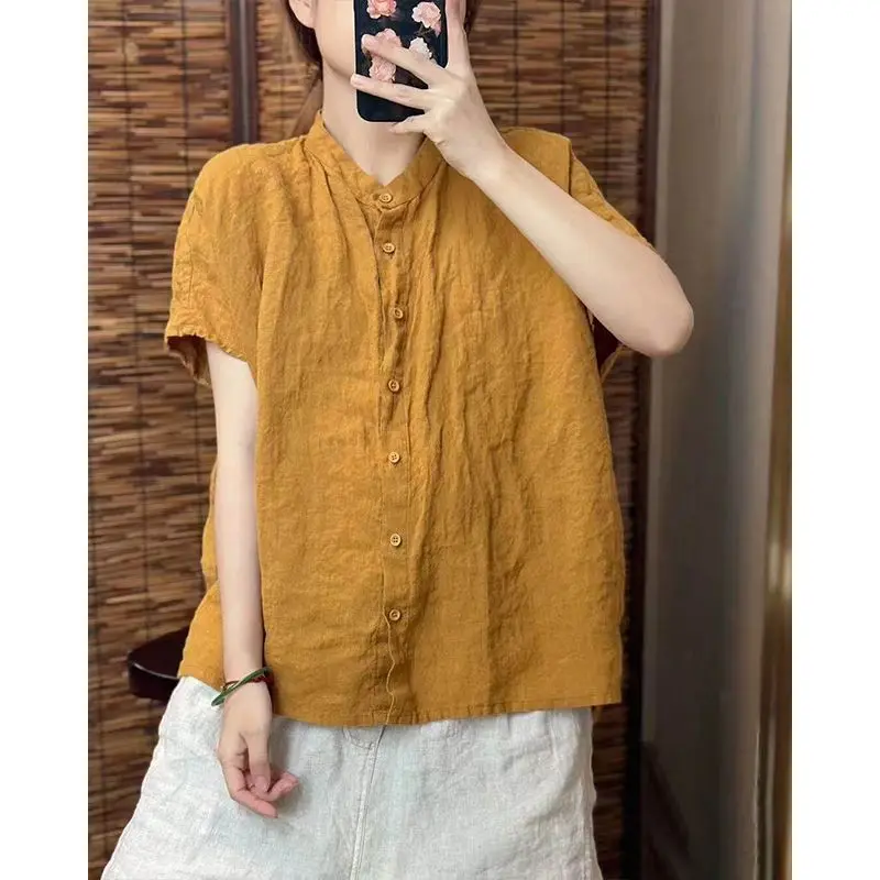 

Новая женская рубашка-накидка больших размеров из хлопка и льна с коротким рукавом, стройнящая, омолаживающая, универсальная, скрывающая недостатки фигуры, весна-лето