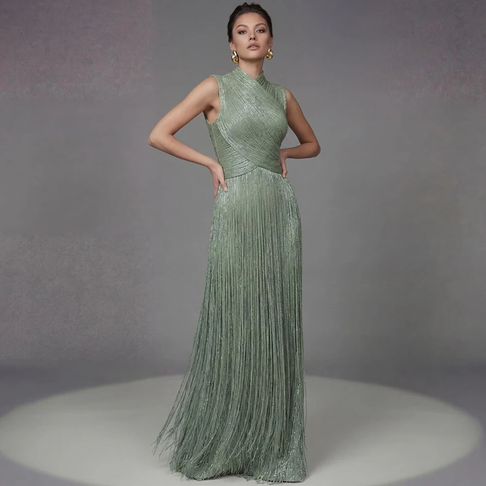Modern Green Jersey Evening Dress Classic High Collar Sleeveless Customized Party Dresses Fashion Tassel Special Occasion Gowns