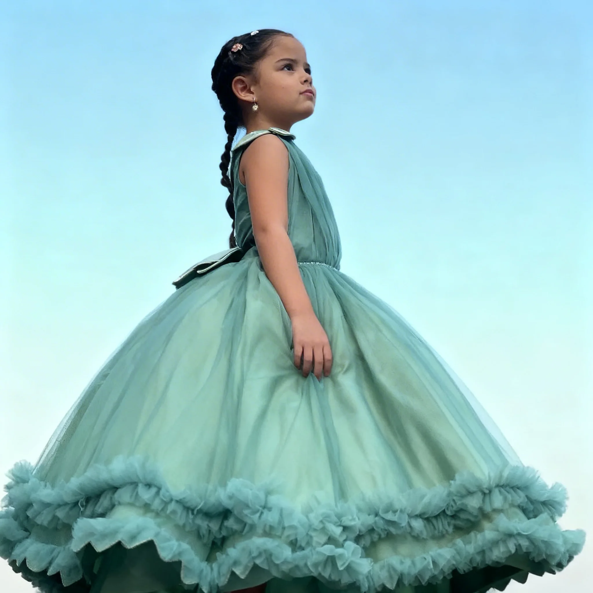 

Индивидуальное зеленое платье для девочки с кружевом, тюлем и бантом, без рукавов, детское платье для свадьбы, дня рождения, первого причастия, конкурса красоты, вечеринки