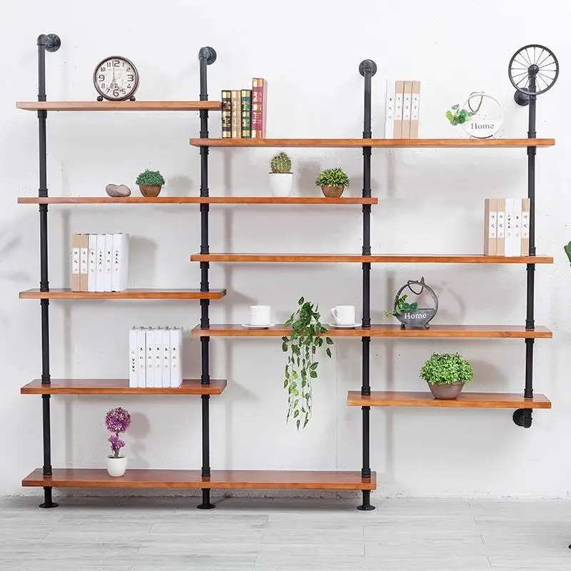 

Wrought iron water pipe wall shelf living room creative wall hanging wall decoration solid wood baffle bookshelf retro industria