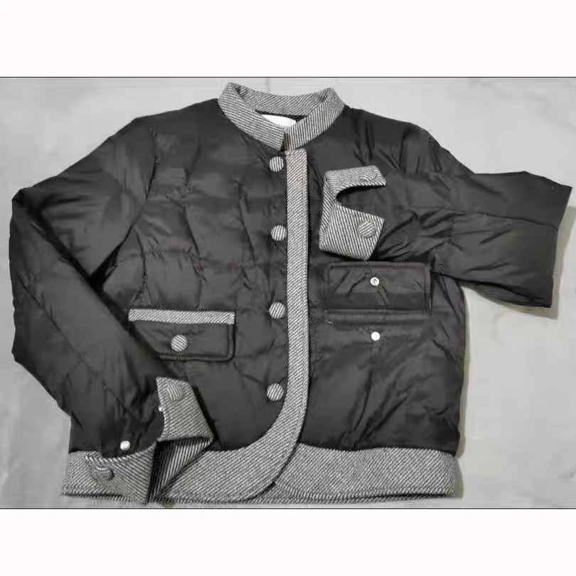 

Korean Style Cotton Jacket for Women Black Spliced Stripe Design Winter New Large Size Cotton Clip Thick Single Breasted Coat
