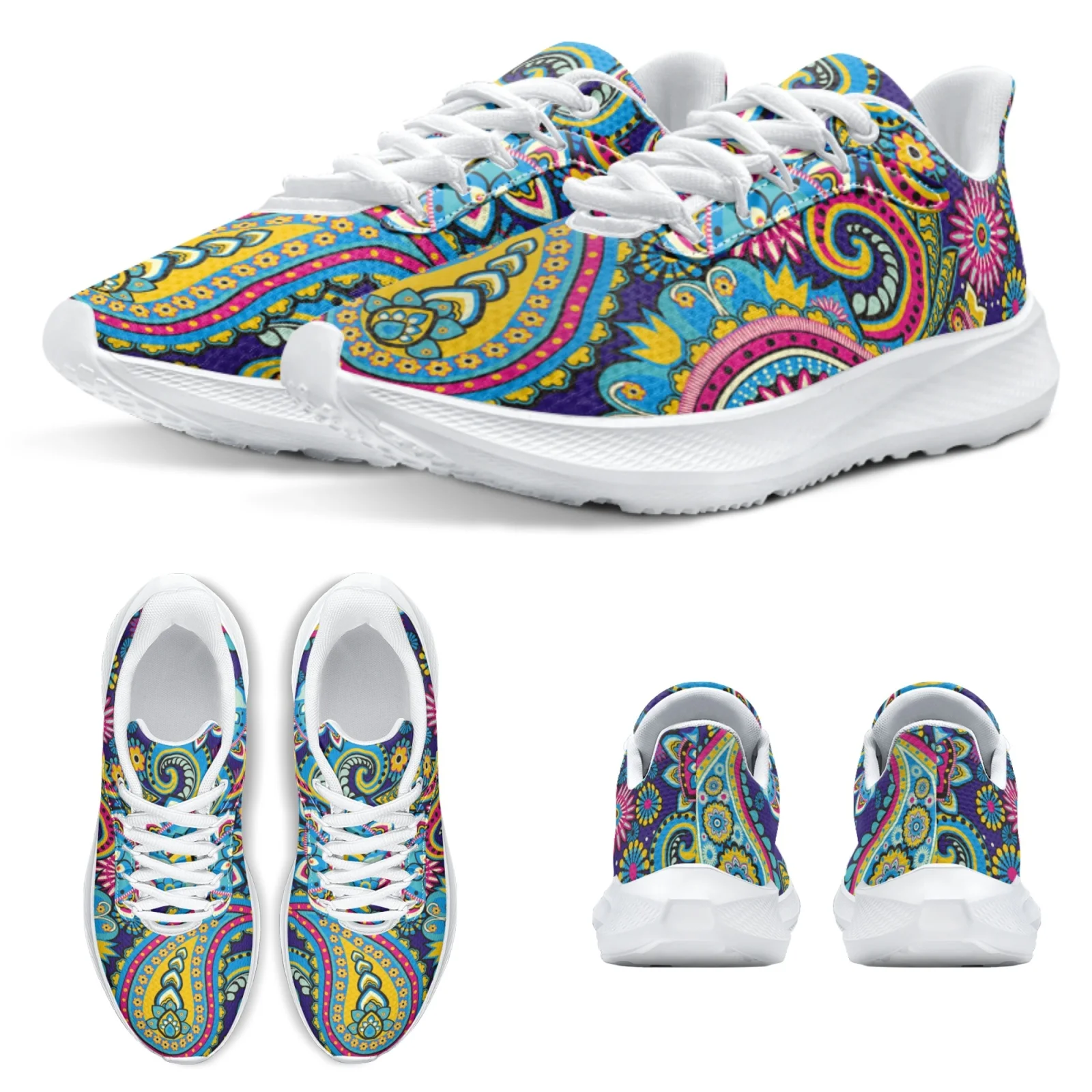 INSTANTARTS New Sneaker Bohemia Mandala Flower Print Casual Sneakers For Women Boho Cashew Flower Girls Tennis Shoes White Shoes