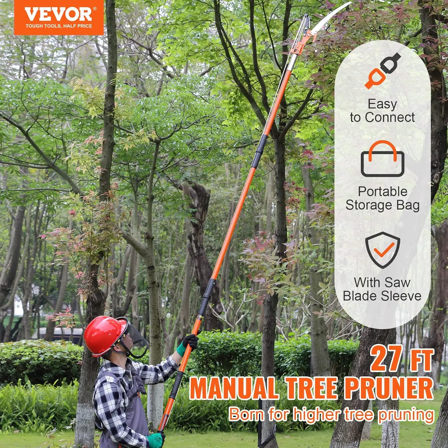 VEVOR Manual Pole Saw, 7.3-27 ft Extendable Tree Pruner, Sharp Steel Blade and Scissors High Branches Trimming, Branch Trimmer