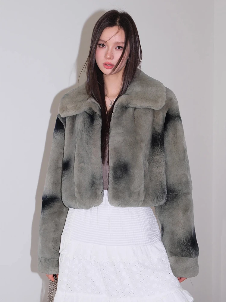 

Tie-dye Rex Rabbit Fur Real Fur Coat for Women 2024 New High-end Luxury Natural Fur Elegant Cropped Jacket Autumn Winter