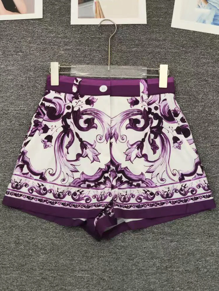 

Retro geometric print lapel, tie and waist-cinching short shirt two-piece set 2025 Summer Women's wear + straight shorts set