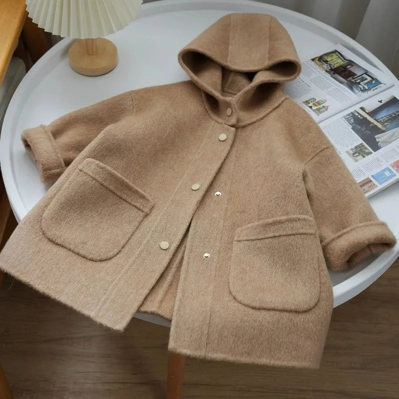 Winter Baby Solid Color Hooded Double-Sided Long-sleeve Wool Coat Baby Girls Warm Thicken Jacket