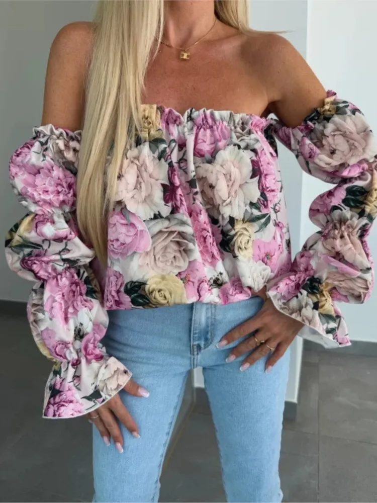 

Women Fashion Print Shirt Sexy Slash Neck Off Shoulder Long Sleeve Tops Shirts Female Casual Holiday Boho Party Shirt Summer New