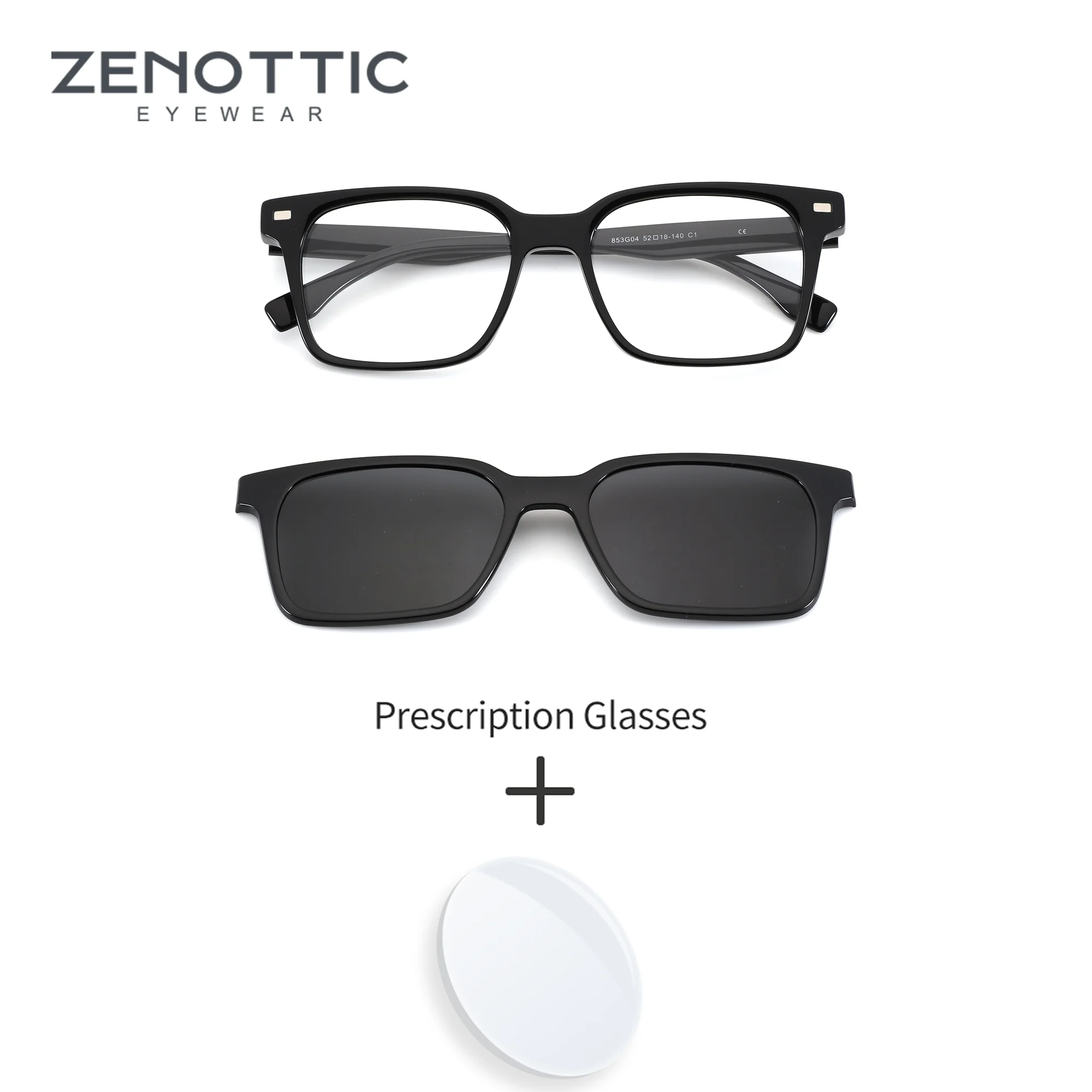 ZENOTTIC M Size Square Full Frame Acetate Clip On For Men Premium Polarized Myopia UV400 Progressive Prescription Sunglasses