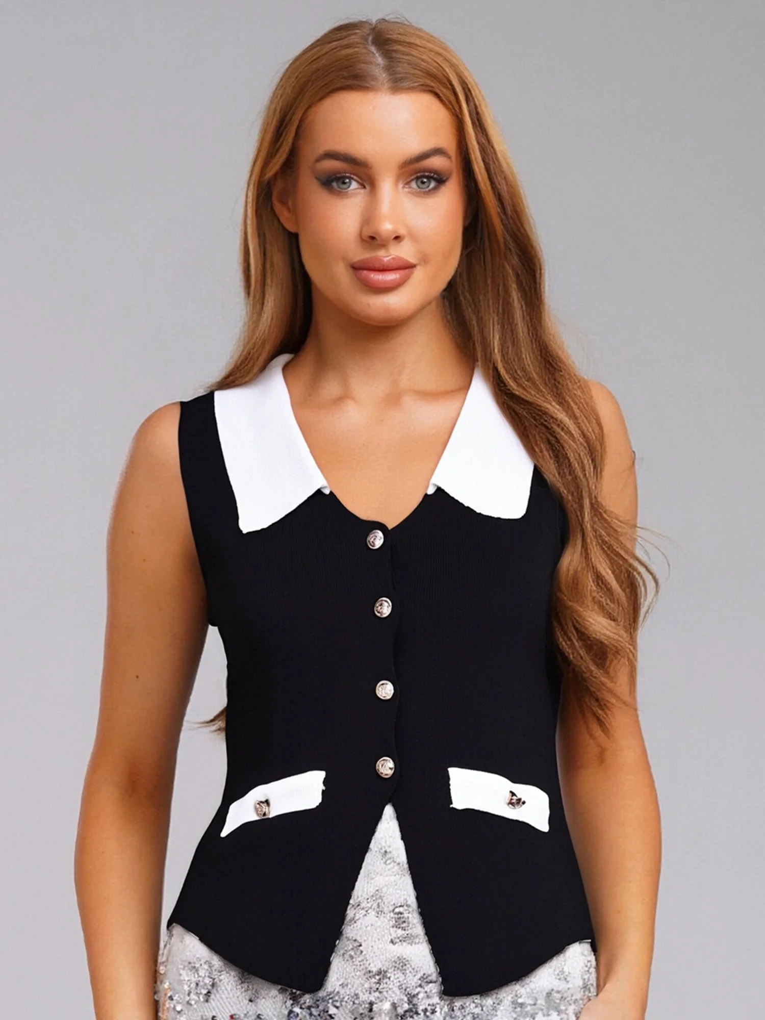 الفرنسية التلبيب OL صدرية مكتب سيدة العمل سترات المرأة Preppy عادية اقتصاص سترة زر أسفل بلوزة بلا أكمام محبوك تانك القمم