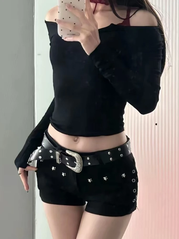 Amerikanische Retro-Nieten-Gürtel-Shorts für Damen, Sommermode, Persönlichkeit, niedrige Taille, Jeans, 2022, neuer Gürtel, Streetwear, sexy Y2k-Hot-Shorts