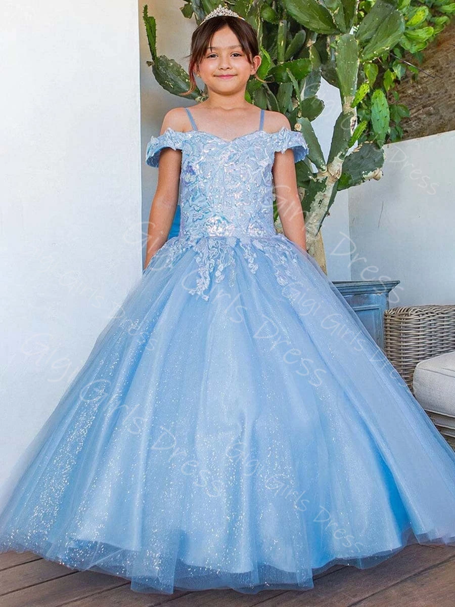 Abito da principessa per ragazze personalizzato con spalle scoperte e strascico, abito da ragazza di fiori con applicazioni di paillettes, abito da ballo da comunione