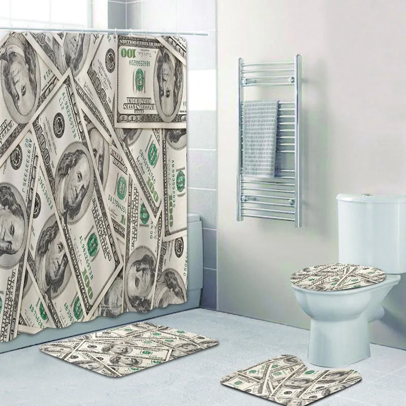 US Dollar Bill Banknotes Bathroom Shower Curtain Set for Bathroom Money Currency Notes Bath Mat Rug for Toilet Carpet Home Decor