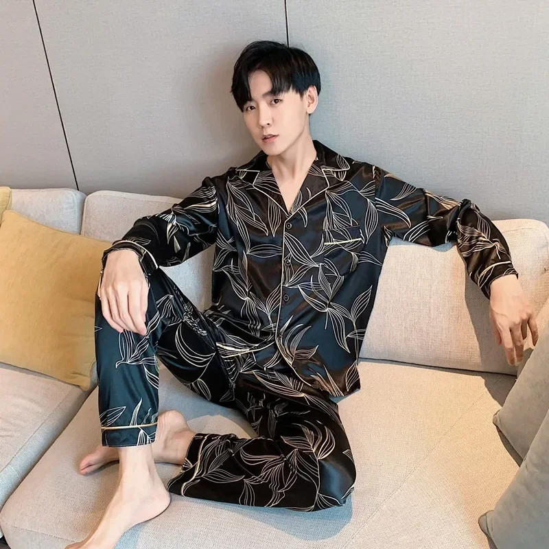 New Loose Sleepwear Sets Foreign Trade Men's Pajamas Spring  Autumn Ice Silk Long Sleeve Plus Fat Size Silk Cardigan Home Suit