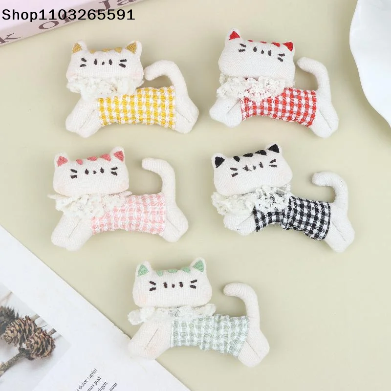 For Brooch Bag Clothes Shoes Hair Decor Handmade Craft Plaid Fabric Stuffed Cat Ornament Cute Plush Kitten Patch DIY Accessory