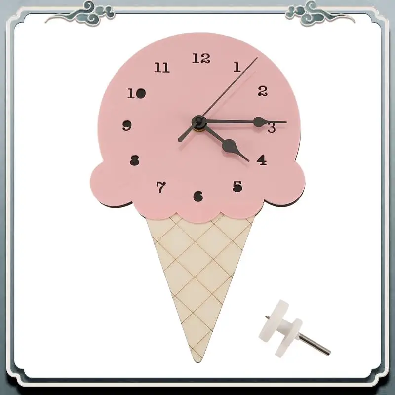 Durable Nordic INS Style Ice Cream Sharped Wall Hanging Clock, Cartoon Silent, Non-Ticking Battery Powered For Children Bedroom