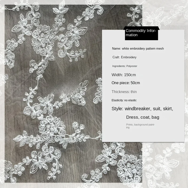 Flower Language White Pattern Embroidered Mesh Gauze Soft Translucent Creative Dress Wedding Dress Designer Fabric