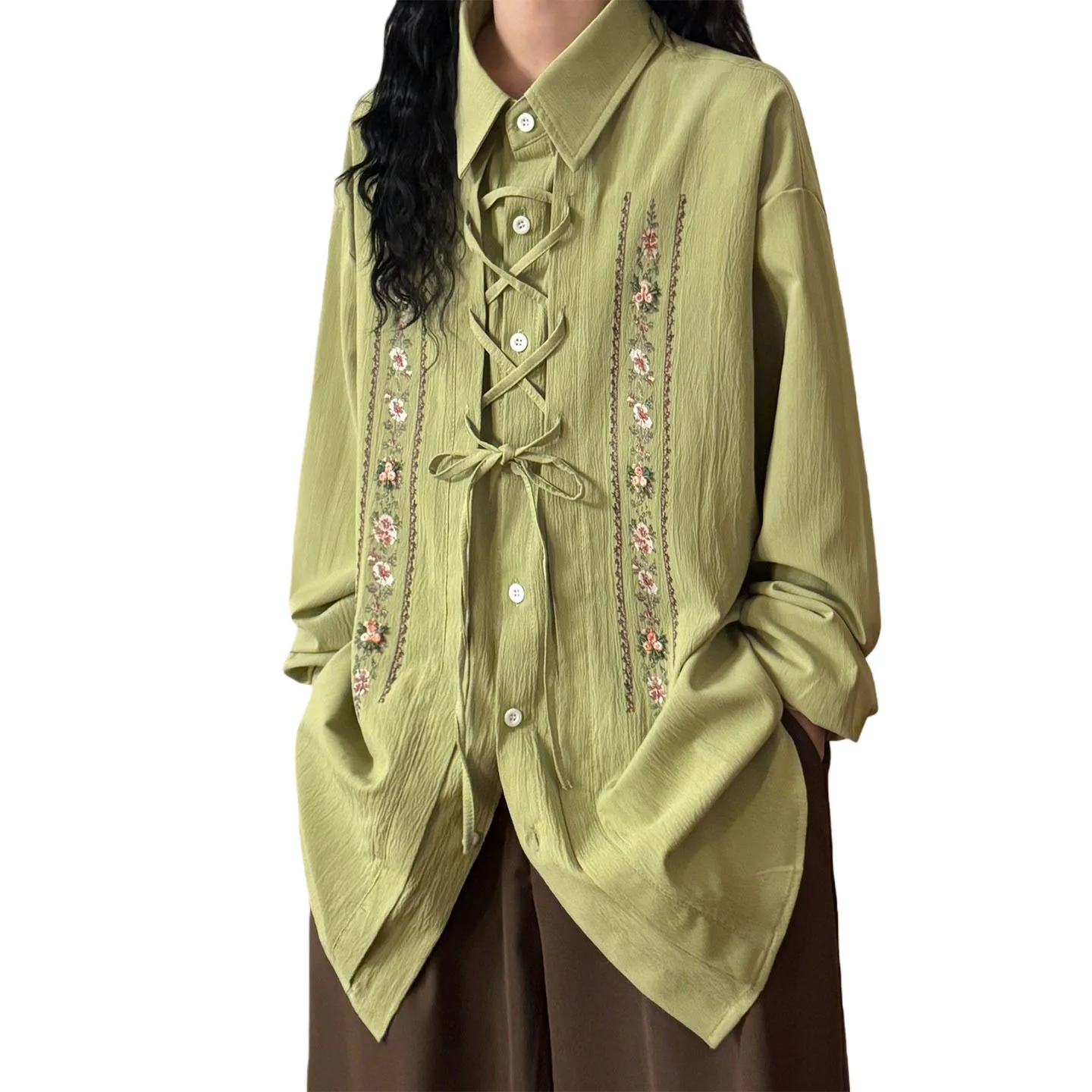 ECOKSOLO2026 Loose Long Sleeve Women's Shirt Floral Embroidery Hem Tied Waist Top Breathable Comfortable Skin-Friendly