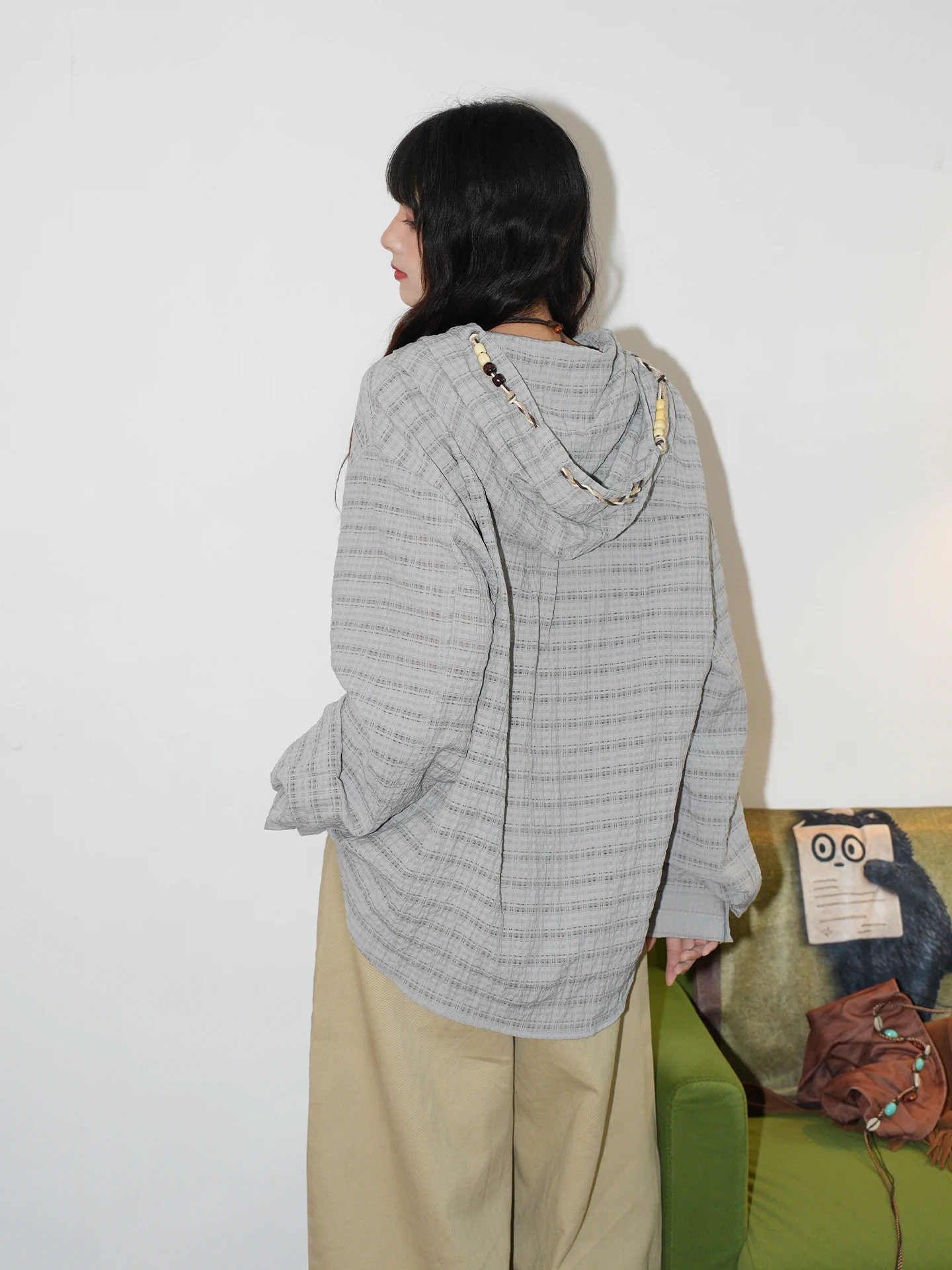 Original American Retro Plaid Long Sleeve Shirt Women Early Autumn Thin Lazy Style Open Cardigan Hooded Jacket Casual Loose Fit