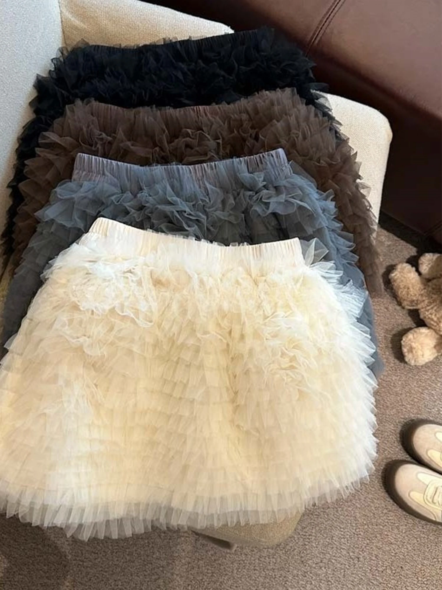 Women's Apricot Mini Wrap Skirt 2000s Vintage Korean Style Y2k Gyaru A-line Mesh Skirt Harajuku High Waist Skirts Clothes Summer