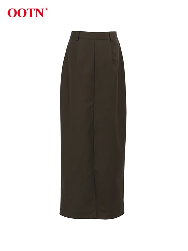 OOTN Street Chic Brown Split Skirts Elegant Autumn High Waist Long Skirts Women Gray Zipper Straight Skirt Women 2024 Twill