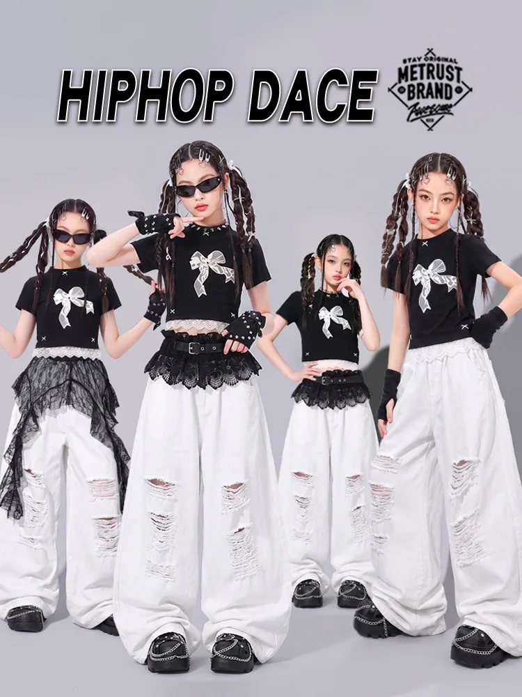 Hip Hop Kids bowknot Crop Top Street Dance Ripped Jeans Girls Streetwear Children Jazz Stage Show Costumes K-pop Clothes Sets