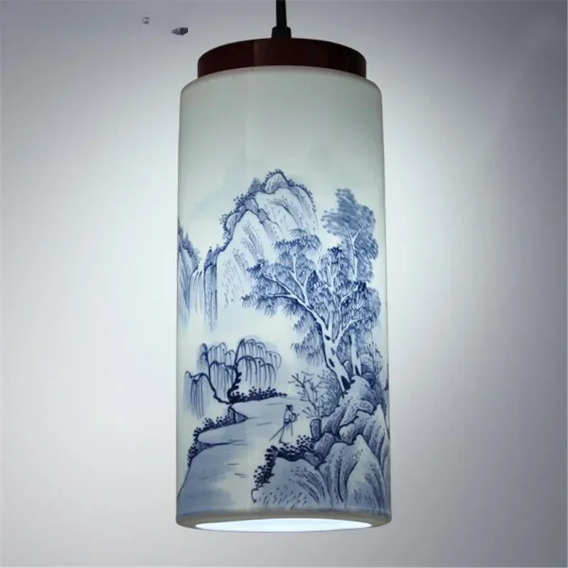 New classical hand-painted ceramic chandelier restaurant balcony Chinese solid wood blue and white porcelain LED Chandelier