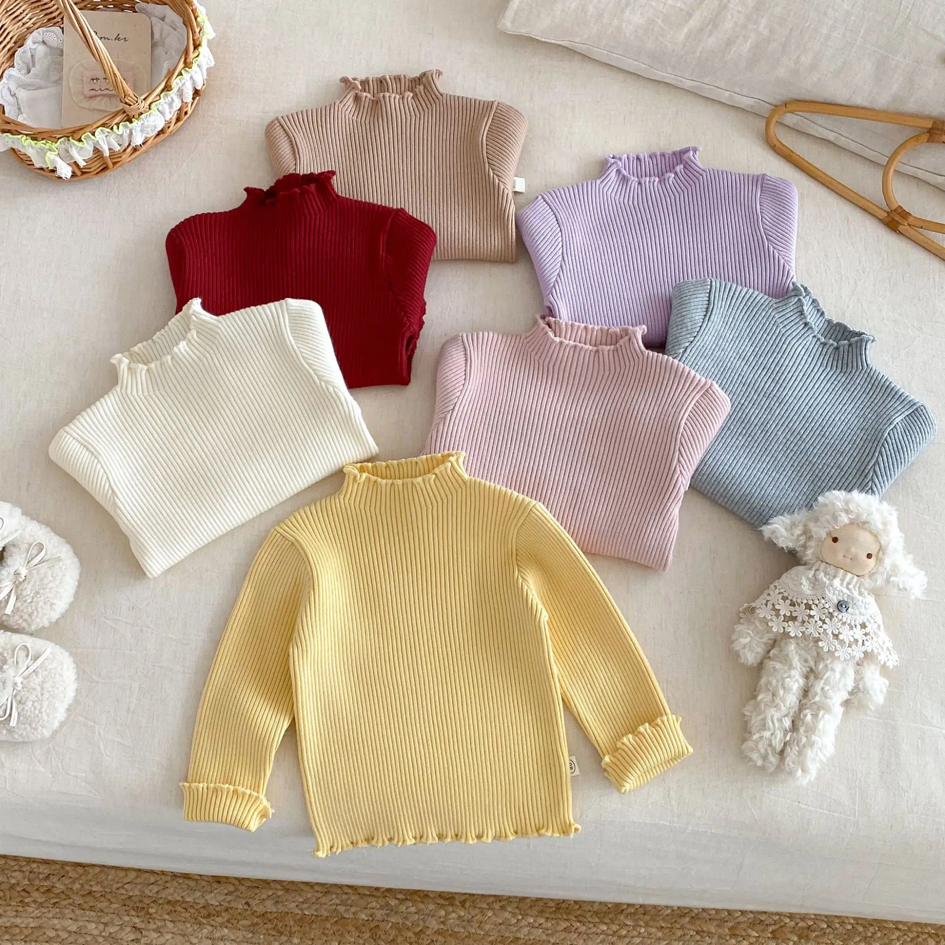 

0-5Y Kids Ruffle Trim Innerwear Pullover 2025 Baby Girl Knitwear Solid Color Thickened Knitted Mock Neck Sweater Casual Warm Top