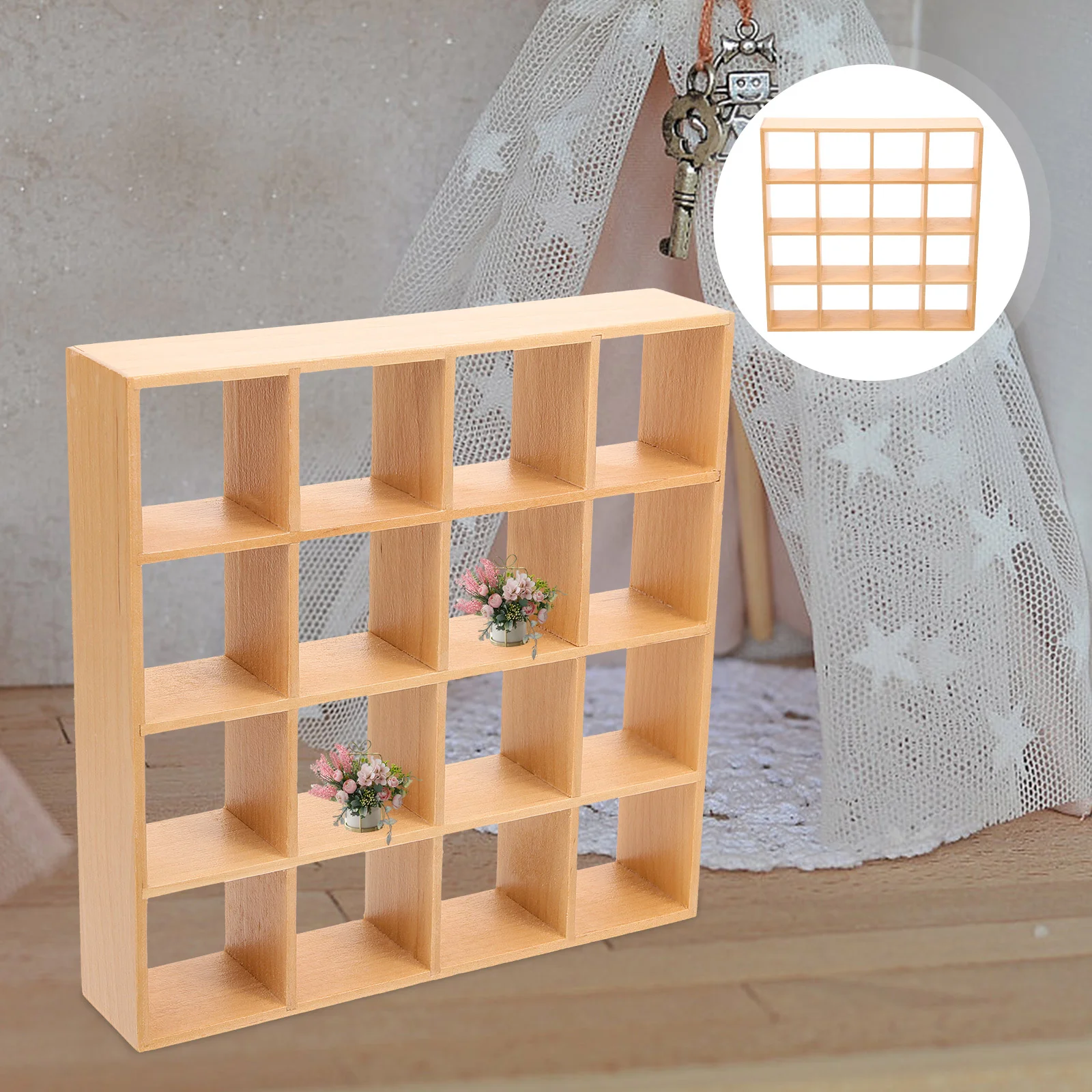 16-Gitter-Aufbewahrungsregal, Dekoration, Details, Mini-Hauszubehör, Spielzeugzimmer, Holz, Miniatur-Bücherregal, Möbelzubehör