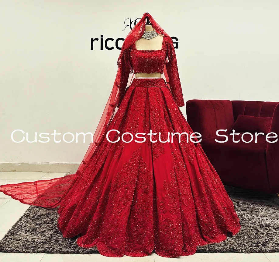 Sparkly Red Ricco India Bride Wedding Dresses with Veil Gillter Applique Lehenga Three pieces Bridal Gown Garment Customized