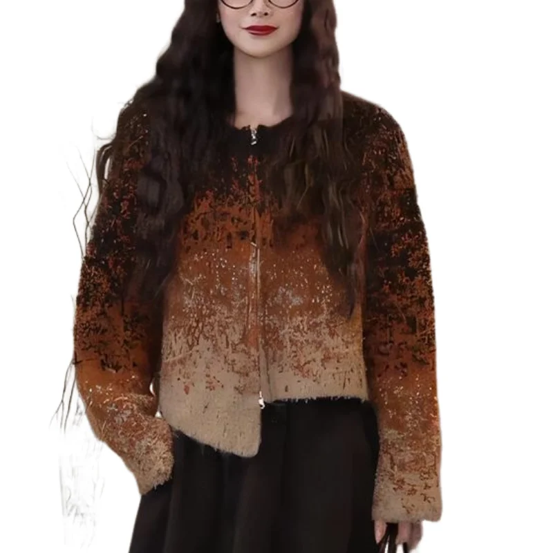 فتاة سترة مشغولة من الصوف امرأة الموضة التدرج طويلة الأكمام سترة ربيع الخريف الملابس الدوبامين معطف غير رسمي الفتاة هدية جديد #3