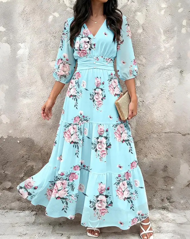 

Women's Dress Summer New Fashionable and Elegant Temperament Style Rose Print V-Neck High Waisted Five Quarter Sleeved Dress