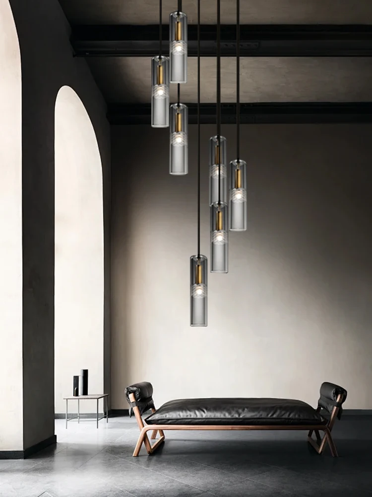 Copper Crystal Cylinder Pendant Ceiling Chandeliers Home-appliance Bronze Lamp For Stairwell High